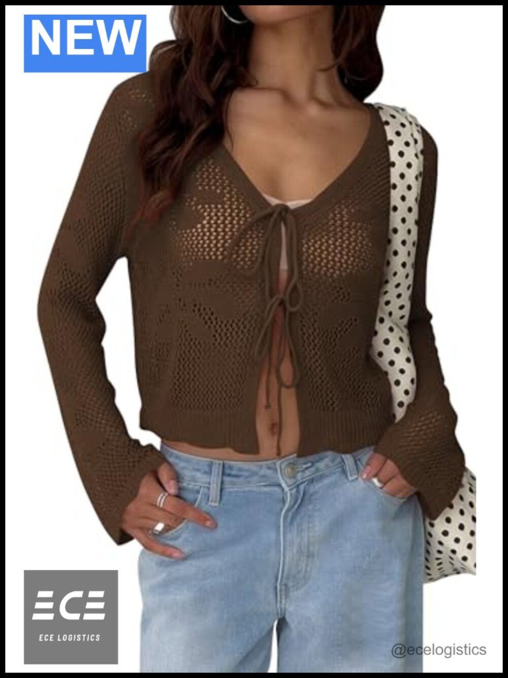Crochet Cardigan Tie Front Bell Sleeve Open Knit Crop Sweater